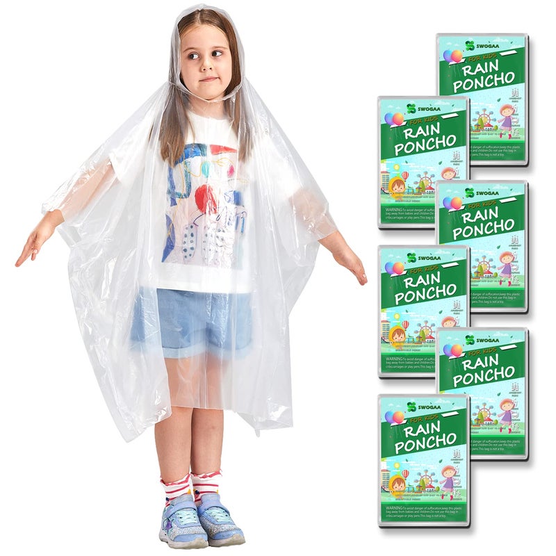SWOGAA Disposable Rain Ponchos for Kids (6 Pack) -50% Extra Thicker Men or Women Waterproof Emergency Rain Ponchos with Hood - Clear Kids - Image 1